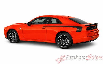 Orange 2026 Dodge Charger Sixpack with side body vinyl graphics and stripes with black stripes on a white background.