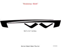 Black and white graphic for 2026 Dodge Charger Sixpack with side body vinyl graphics and stripes with measurement details on a white background