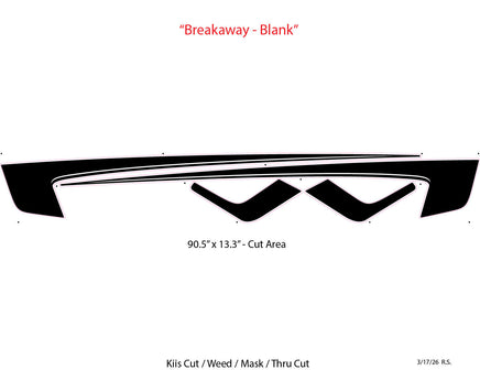Black and white graphic for 2026 Dodge Charger Sixpack with side body vinyl graphics and stripes with measurement details on a white background