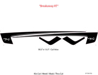 Black and white graphic for 2026 Dodge Charger Sixpack with side body vinyl graphics and stripes with measurement details on a white background