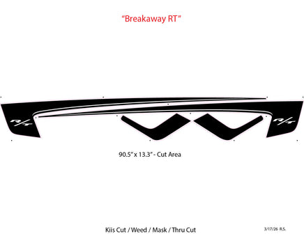 Black and white graphic for 2026 Dodge Charger Sixpack with side body vinyl graphics and stripes with measurement details on a white background