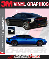 3M Vinyl Graphics advertisement for Dodge Charger with two car images and branding. Black 2026 Dodge Charger Sixpack with side body vinyl graphics and stripes.