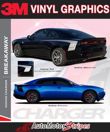 3M Vinyl Graphics advertisement for Dodge Charger with two car images and branding. Black 2026 Dodge Charger Sixpack with side body vinyl graphics and stripes.