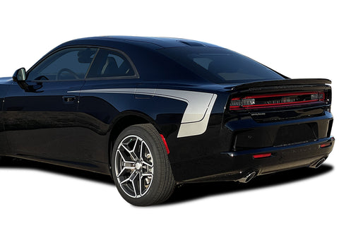 Black 2026 Dodge Charger Sixpack with side body vinyl graphics and stripes car on a white background