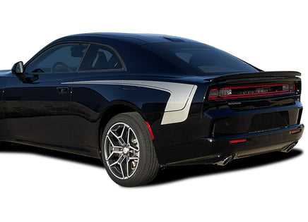 Black 2026 Dodge Charger Sixpack with side body vinyl graphics and stripes car on a white background