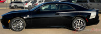 Black 2026 Dodge Charger Sixpack with side body vinyl graphics and stripes on a muscle car with white stripes on a road