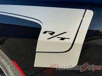 Black 2026 Dodge Charger Sixpack with side body vinyl graphics and stripes with 'R/T' logo on a vehicle, featuring AutoMotorStripes branding.