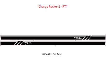 Black and white graphic of a car decal with 'Charge Rocker 2 - RT' text on a white background.
