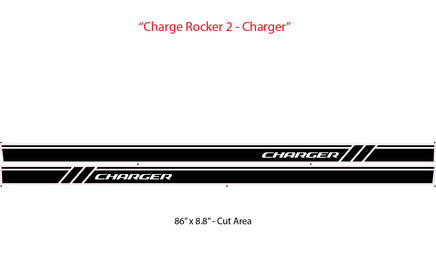 Black and white graphic of a 'Charger' decal with text on a white background