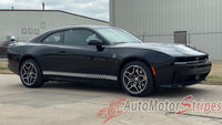 Black 2024-2026 Dodge Charger Sixpack  muscle car with white stripes on a concrete surface, featuring 'AutoMotorStripes' logo.