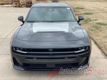Gray 2026 Dodge Charger Sixpack Hood Stripes with a white stripe on the hood, parked outdoors.