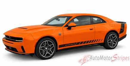 Orange muscle 2024-2026 Dodge Charger Sixpack with black stripes on a white background, featuring 'AutoMotorStripes' logo.
