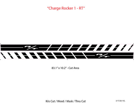 Technical diagram of a 'Charge Rocker 1 - RT' with cut area dimensions on a white background.