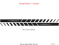 Design of a 'Charger' decal with cut area dimensions on a white background