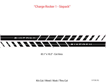Sixpack decal design with cut area dimensions on a white background
