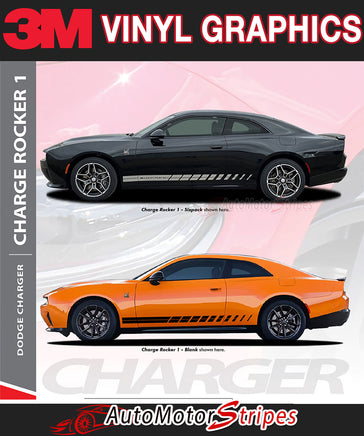 3M vinyl graphics advertisement for Dodge Charger with black and orange cars.
