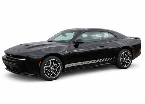 Black 2024-2026 Dodge Charger Sixpack muscle car with racing stripes on a white background