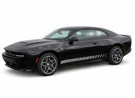 Black 2024-2026 Dodge Charger Sixpack muscle car with racing stripes on a white background