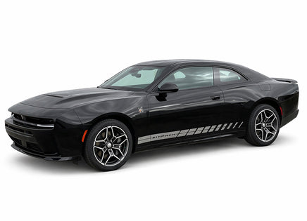 Black 2024-2026 Dodge Charger Sixpack muscle car with racing stripes on a white background