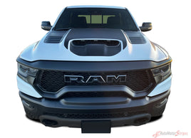 View of 2021-2024 Dodge Ram TRX Rebel Hood Decals 1500 Stripes Truck Vinyl Graphic 3M Stripe Package