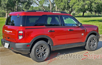 Detailed view of 2021-2026 Ford Bronco Sport TRADITIONS Side Body Stripes Upper Door Accent Decals Vinyl Graphics Kits 3M