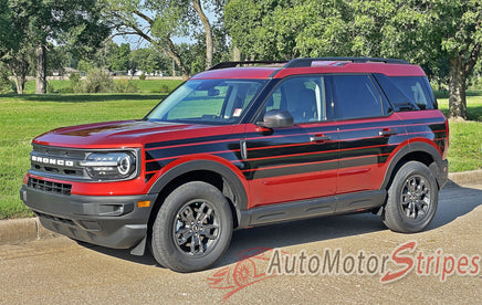 Detailed view of 2021-2026 Ford Bronco Sport SUNSETTER SOLID COLOR Side Body Door Vinyl Graphics with Hood Stripes Decals Kit