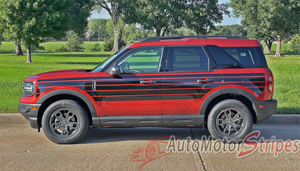 Detailed view of 2021-2026 Ford Bronco Sport SUNSETTER SOLID COLOR Side Body Door Vinyl Graphics with Hood Stripes Decals Kit