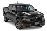 Black Ford Maverick truck with white stripes on a white background