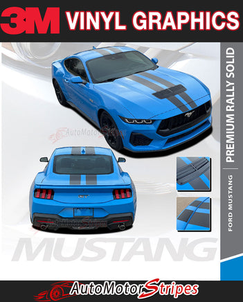 View of 2024-2026 Ford Mustang GT Racing Stripes Hood PREMIUM RALLY SOLID COLOR Vinyl Graphics 3M Decals