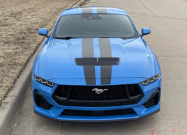View of 2024-2026 Ford Mustang GT Racing Stripes Hood PREMIUM RALLY SOLID COLOR Vinyl Graphics 3M Decals