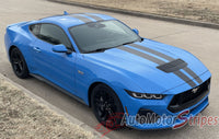 View of 2024-2026 Ford Mustang GT Racing Stripes Hood PREMIUM RALLY SOLID COLOR Vinyl Graphics 3M Decals