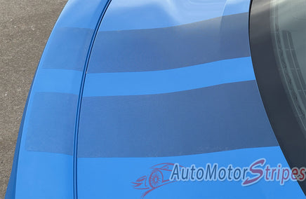 View of 2024-2025 Ford Mustang GT Racing Stripes Hood PREMIUM RALLY FADED Vinyl Graphics 3M Decals