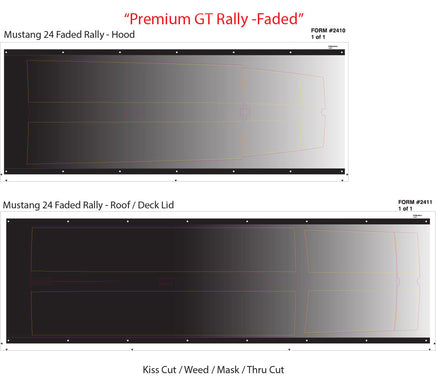 View of 2024-2025 Ford Mustang GT Racing Stripes Hood PREMIUM RALLY FADED Vinyl Graphics 3M Decals