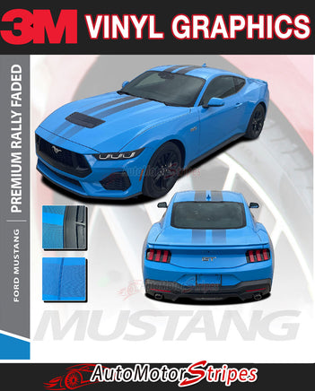 View of 2024-2025 Ford Mustang GT Racing Stripes Hood PREMIUM RALLY FADED Vinyl Graphics 3M Decals