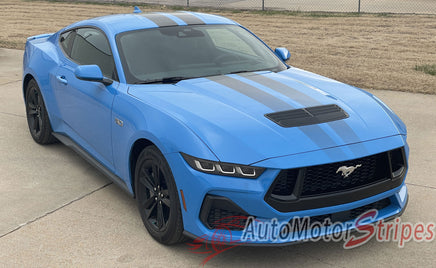 View of 2024-2025 Ford Mustang GT Racing Stripes Hood PREMIUM RALLY FADED Vinyl Graphics 3M Decals