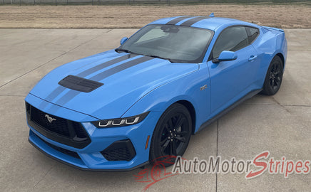 View of 2024-2025 Ford Mustang GT Racing Stripes Hood PREMIUM RALLY FADED Vinyl Graphics 3M Decals