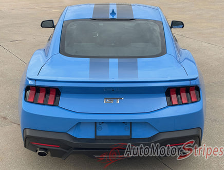 View of 2024-2025 Ford Mustang GT Racing Stripes Hood PREMIUM RALLY FADED Vinyl Graphics 3M Decals