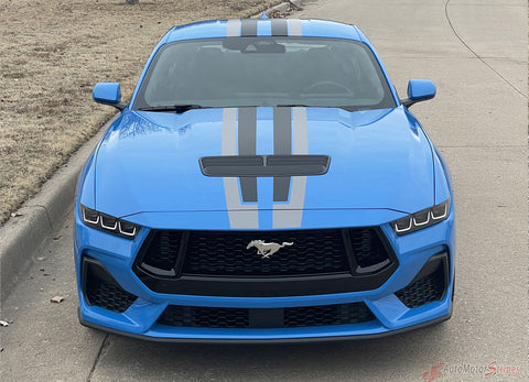 View of 2024-2025 Ford Mustang GT Racing Stripes Hood PREMIUM RALLY NEUTRAL Vinyl Graphics 3M Decals