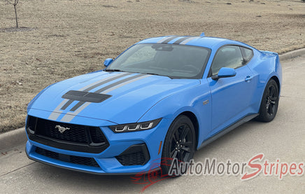 View of 2024-2025 Ford Mustang GT Racing Stripes Hood PREMIUM RALLY NEUTRAL Vinyl Graphics 3M Decals