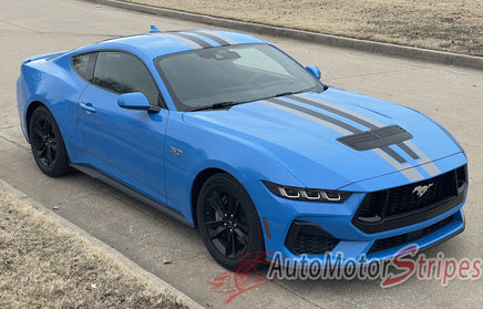 View of 2024-2025 Ford Mustang GT Racing Stripes Hood PREMIUM RALLY NEUTRAL Vinyl Graphics 3M Decals