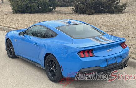 View of 2024-2025 Ford Mustang GT Racing Stripes Hood PREMIUM RALLY NEUTRAL Vinyl Graphics 3M Decals