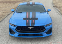 View of 2024-2025 Ford Mustang GT Racing Stripes Hood PREMIUM RALLY REDLINE Vinyl Graphics 3M Decals