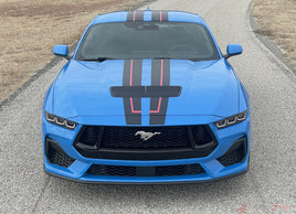 View of 2024-2026 Ford Mustang GT Racing Stripes Hood PREMIUM RALLY REDLINE Vinyl Graphics 3M Decals