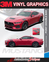 View of 2024-2026 Ford Mustang Hood to Fender Stripes PONY DOUBLE BAR Hood Decals Vinyl Graphics 3M