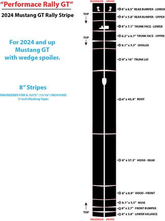 View of 2024-2026 Ford Mustang GT Racing Stripes Hood PERFORMANCE RALLY Vinyl Graphics 3M Decals