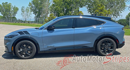 View of 2021-2026 Ford Mustang Mach-E Hood to Fender Stripes BREAKER ARC Bar Hood Decals Vinyl Graphics Kit