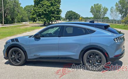 View of 2021-2026 Ford Mustang Mach-E Hood to Fender Stripes BREAKER ARC Bar Hood Decals Vinyl Graphics Kit