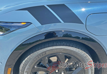 View of 2021-2026 Ford Mustang Mach-E Hood to Fender Stripes BREAKER ARC Bar Hood Decals Vinyl Graphics Kit