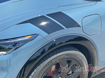 View of 2021-2026 Ford Mustang Mach-E Hood to Fender Stripes BREAKER ARC Bar Hood Decals Vinyl Graphics Kit