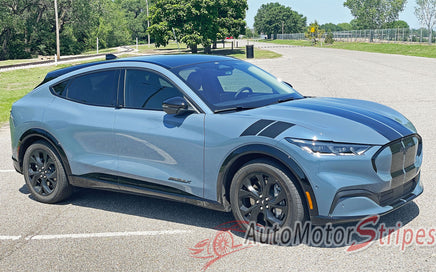 View of 2021-2026 Ford Mustang Mach-E Hood to Fender Stripes BREAKER DOUBLE BAR Hood Decals Vinyl Graphics Kit